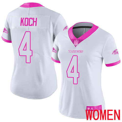 Baltimore Ravens Limited White Pink Women Sam Koch Jersey NFL Football #4 Rush Fashion->women nfl jersey->Women Jersey